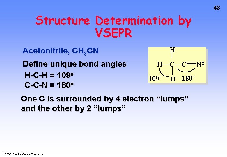 48 Structure Determination by VSEPR H Acetonitrile, CH 3 CN H—C—C 109˚ H 180˚