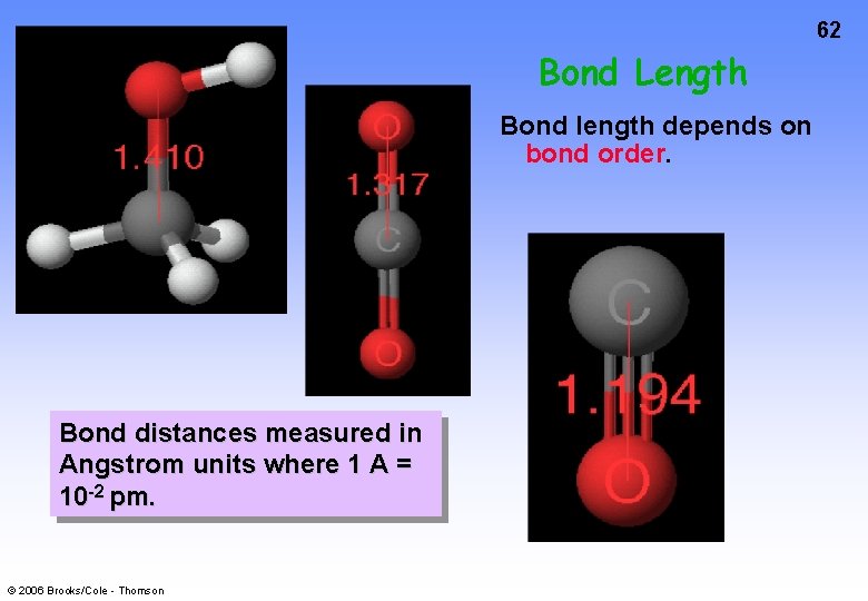 62 Bond Length Bond length depends on bond order. Bond distances measured in Angstrom