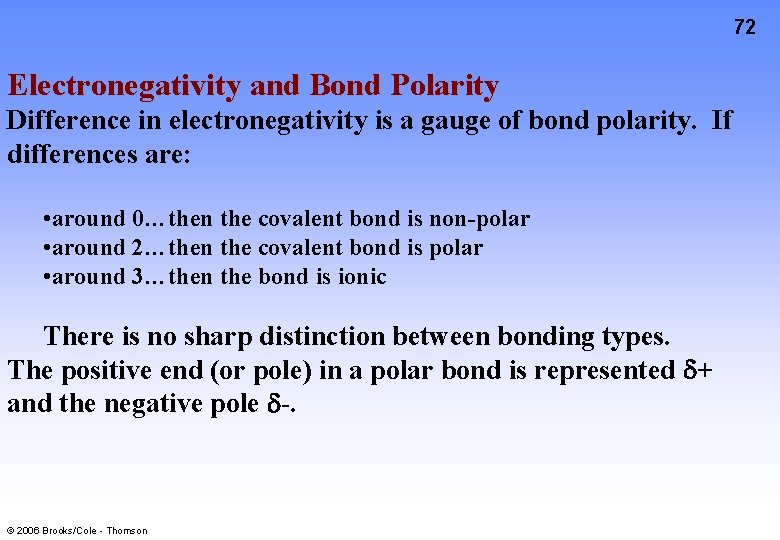 72 Electronegativity and Bond Polarity Difference in electronegativity is a gauge of bond polarity.