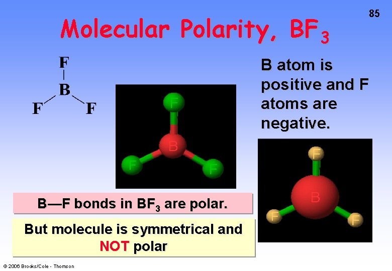 Molecular Polarity, BF 3 85 B atom is positive and F atoms are negative.