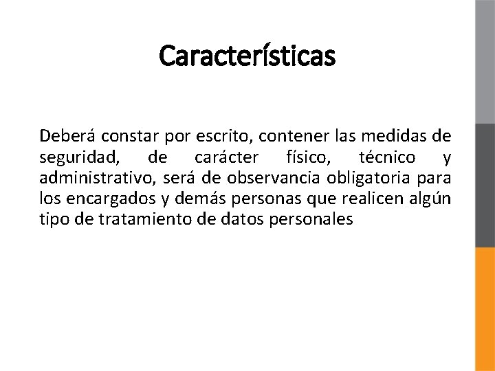 Características Deberá constar por escrito, contener las medidas de seguridad, de carácter físico, técnico