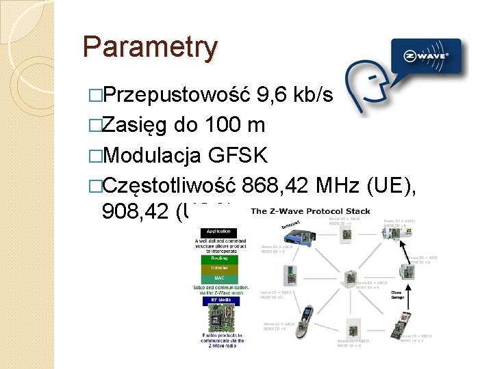 Parametry �Przepustowość 9, 6 kb/s �Zasięg do 100 m �Modulacja GFSK �Częstotliwość 868, 42