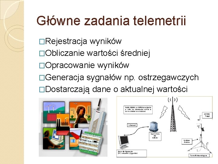 Główne zadania telemetrii �Rejestracja wyników �Obliczanie wartości średniej �Opracowanie wyników �Generacja sygnałów np. ostrzegawczych