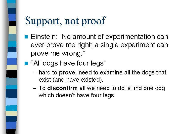 Support, not proof Einstein: “No amount of experimentation can ever prove me right; a