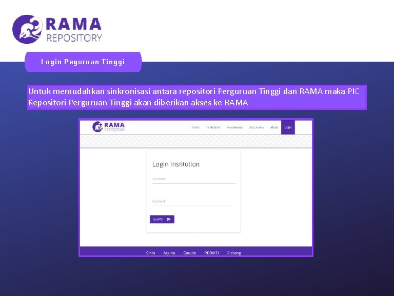 Login Peguruan Tinggi Untuk memudahkan sinkronisasi antara repositori Perguruan Tinggi dan RAMA maka PIC