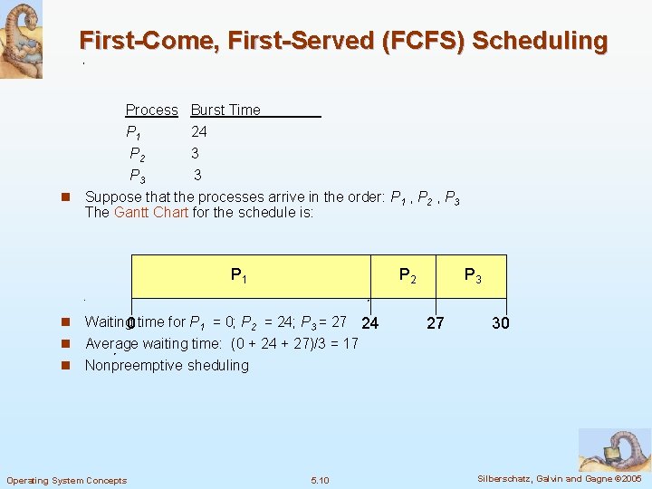 First-Come, First-Served (FCFS) Scheduling Process Burst Time P 1 24 P 2 3 P