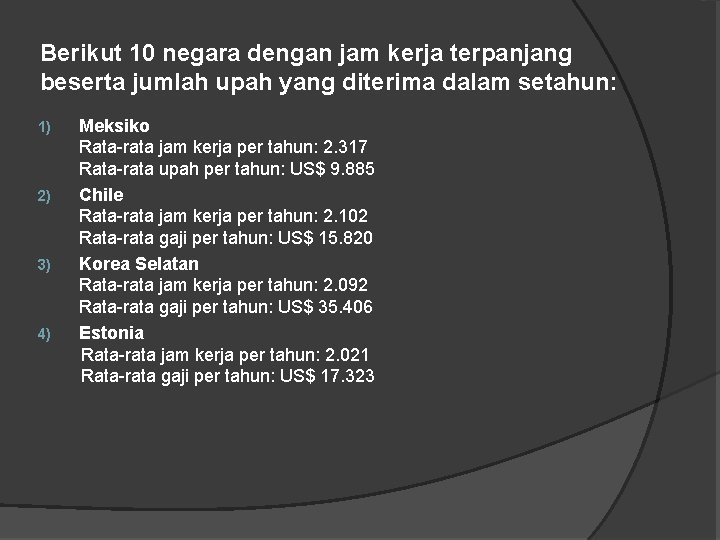 Berikut 10 negara dengan jam kerja terpanjang beserta jumlah upah yang diterima dalam setahun: