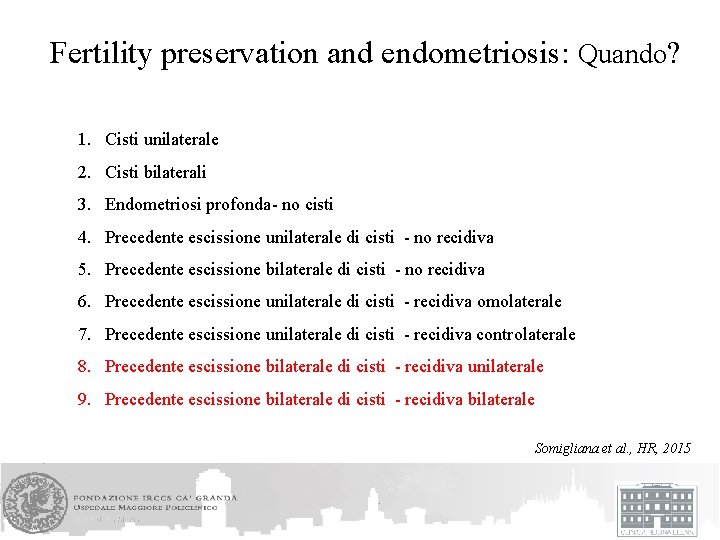 Fertility preservation and endometriosis: Quando? 1. Cisti unilaterale 2. Cisti bilaterali 3. Endometriosi profonda-