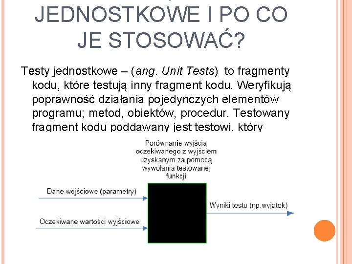 JEDNOSTKOWE I PO CO JE STOSOWAĆ? Testy jednostkowe – (ang. Unit Tests) to fragmenty