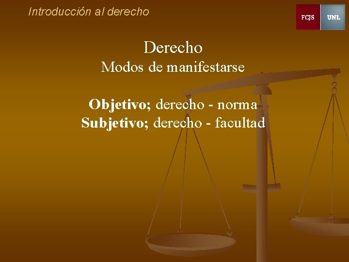 Introducción al derecho Derecho Modos de manifestarse Objetivo; derecho - norma Subjetivo; derecho -