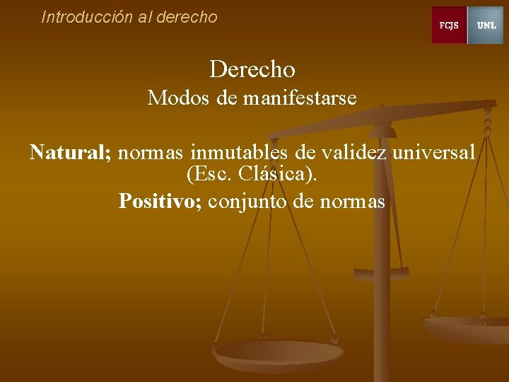 Introducción al derecho Derecho Modos de manifestarse Natural; normas inmutables de validez universal (Esc.