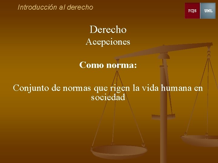 Introducción al derecho Derecho Acepciones Como norma: Conjunto de normas que rigen la vida