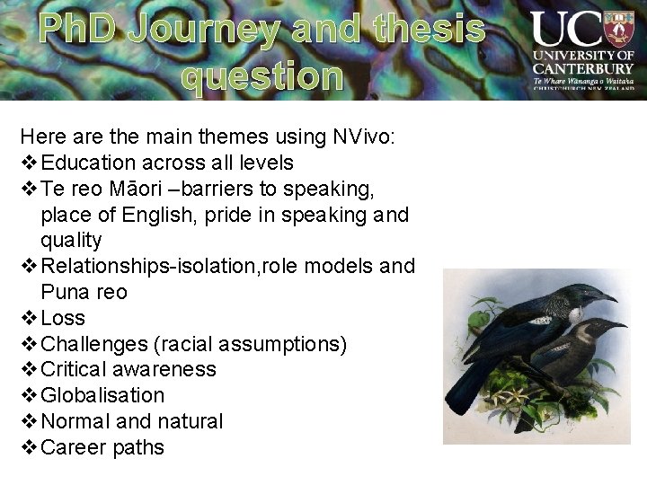 Ph. D Journey and thesis question Here are the main themes using NVivo: v.