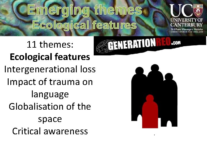 Emerging themes Ecological features 11 themes: Ecological features Intergenerational loss Impact of trauma on