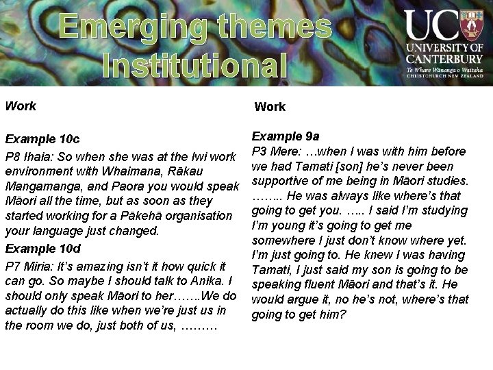 Emerging themes Institutional Work Example 10 c P 8 Ihaia: So when she was