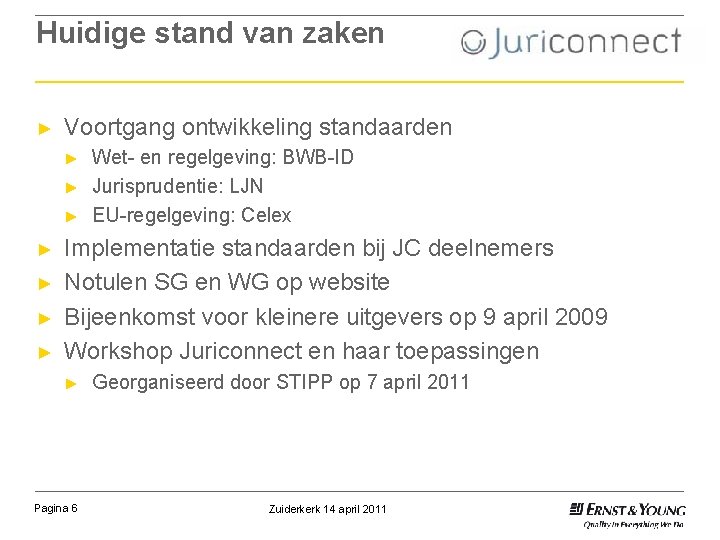 Huidige stand van zaken ► Voortgang ontwikkeling standaarden ► ► ► ► Wet- en