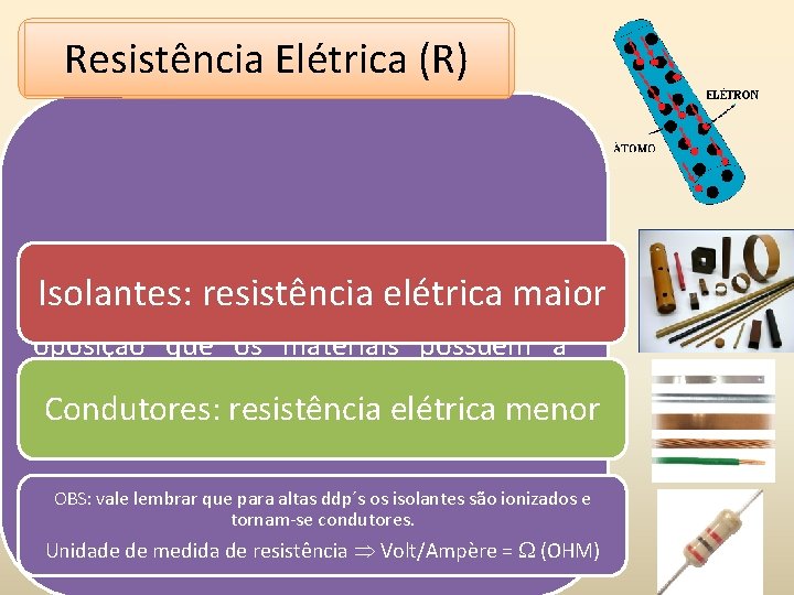 Resistência Elétrica (R) Isolantes: resistência elétrica maior É uma grandeza que representa a oposição