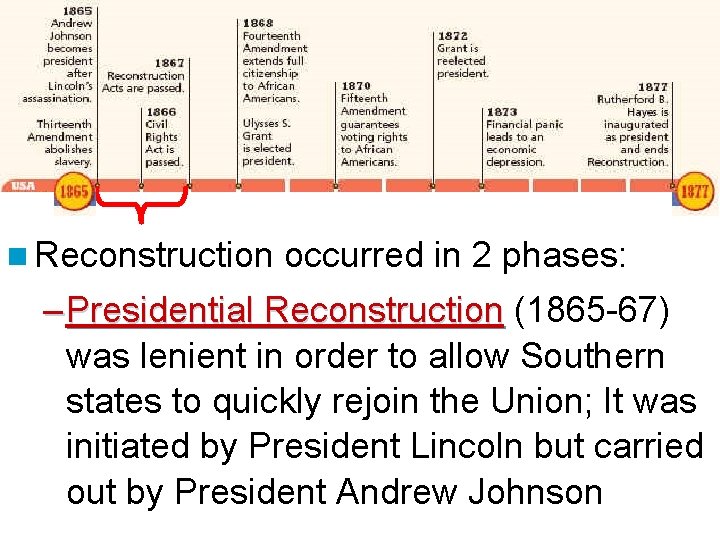 Reconstruction: 1865 -1877 n Reconstruction occurred in 2 phases: – Presidential Reconstruction (1865 -67)