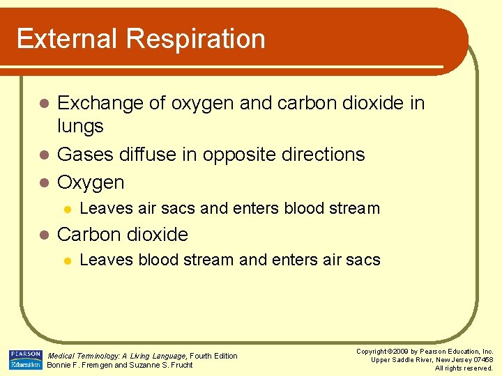 External Respiration Exchange of oxygen and carbon dioxide in lungs l Gases diffuse in