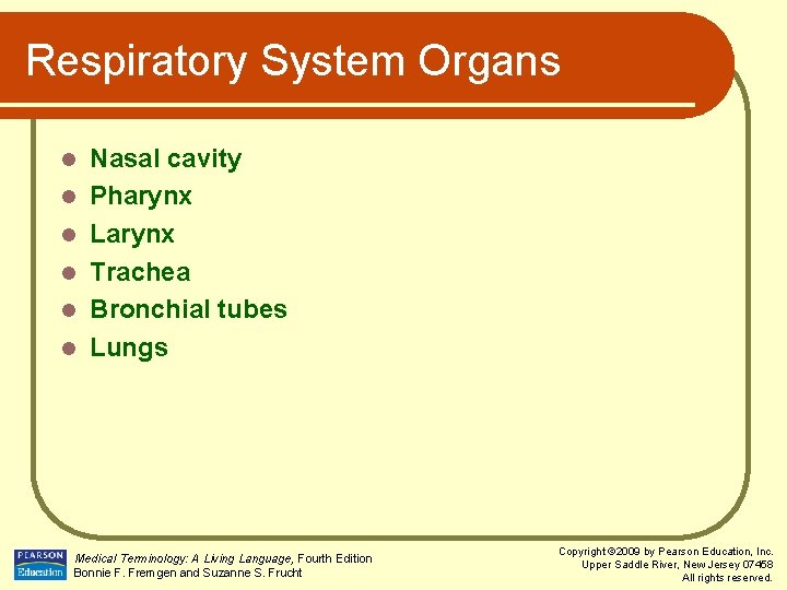 Respiratory System Organs l l l Nasal cavity Pharynx Larynx Trachea Bronchial tubes Lungs