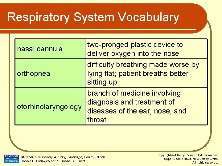 Respiratory System Vocabulary nasal cannula two-pronged plastic device to deliver oxygen into the nose