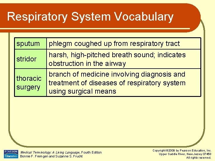 Respiratory System Vocabulary sputum phlegm coughed up from respiratory tract stridor harsh, high-pitched breath