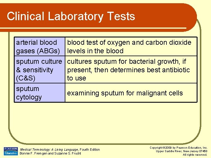 Clinical Laboratory Tests arterial blood gases (ABGs) sputum culture & sensitivity (C&S) blood test