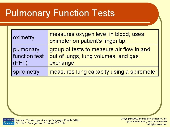 Pulmonary Function Tests oximetry measures oxygen level in blood; uses oximeter on patient’s finger