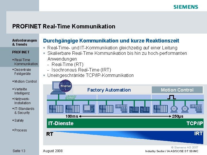 PROFINET Real-Time Kommunikation Anforderungen & Trends PROFINET § Real-Time Kommunikation § Dezentrale Feldgeräte Durchgängige