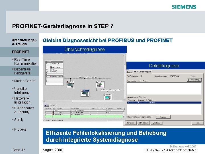 PROFINET-Gerätediagnose in STEP 7 Anforderungen & Trends Gleiche Diagnosesicht bei PROFIBUS und PROFINET Übersichtsdiagnose