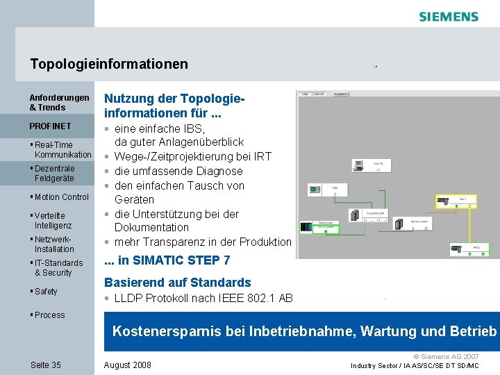 Topologieinformationen Anforderungen & Trends Nutzung der Topologieinformationen für. . . PROFINET § eine einfache