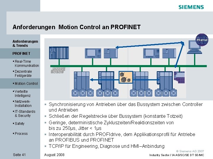 Anforderungen Motion Control an PROFINET Internet Anforderungen & Trends PROFINET § Real-Time Kommunikation §