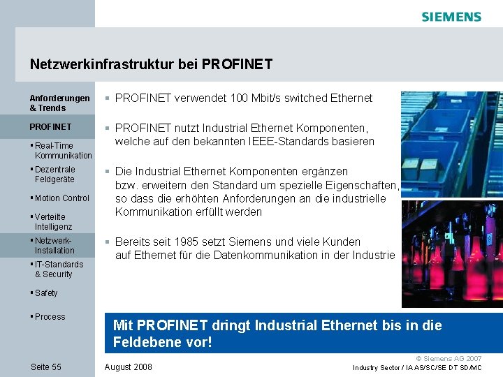Netzwerkinfrastruktur bei PROFINET Anforderungen & Trends § PROFINET verwendet 100 Mbit/s switched Ethernet PROFINET