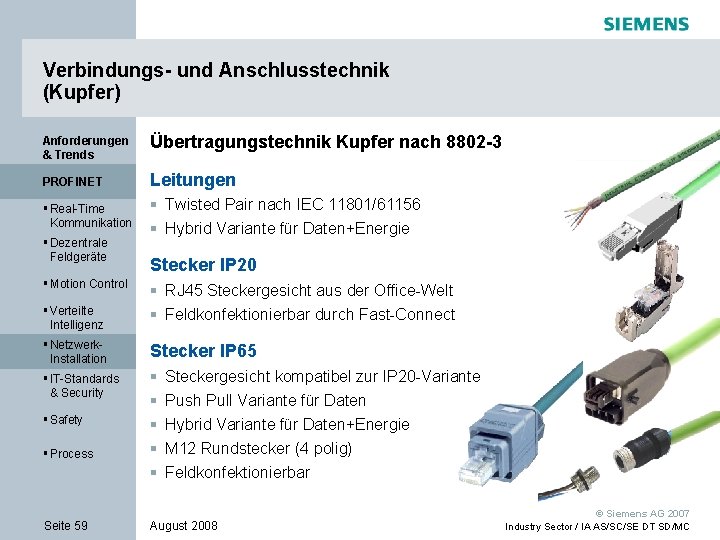 Verbindungs- und Anschlusstechnik (Kupfer) Anforderungen & Trends Übertragungstechnik Kupfer nach 8802 -3 PROFINET Leitungen