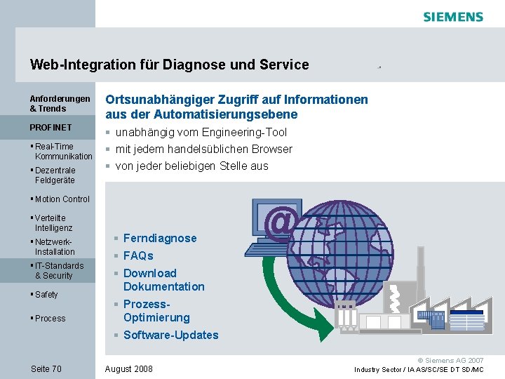 Web-Integration für Diagnose und Service Anforderungen & Trends Ortsunabhängiger Zugriff auf Informationen aus der
