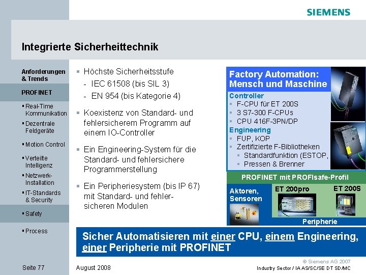 Integrierte Sicherheittechnik Anforderungen & Trends PROFINET § Real-Time Kommunikation § Dezentrale Feldgeräte § Motion