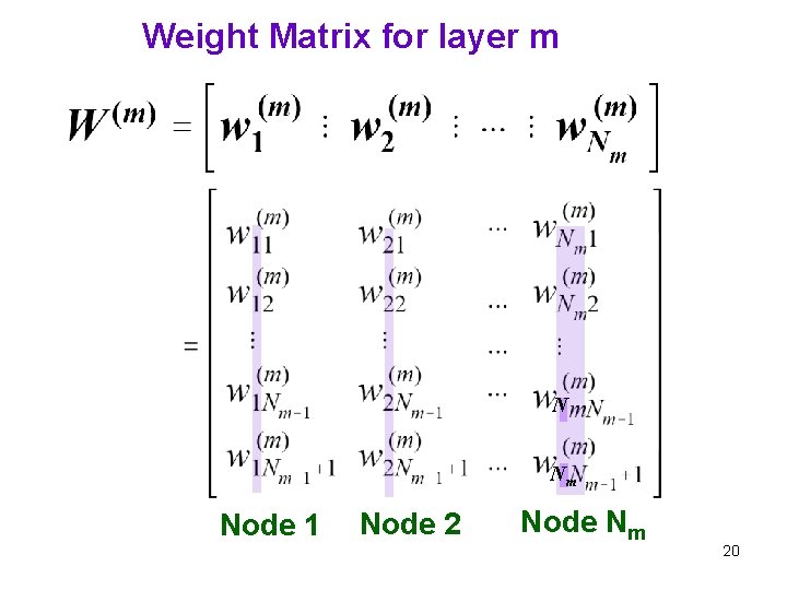 Weight Matrix for layer m N Nm Node 1 Node 2 Node Nm 20