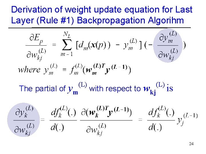 Derivation of weight update equation for Last Layer (Rule #1) Backpropagation Algorihm The partial