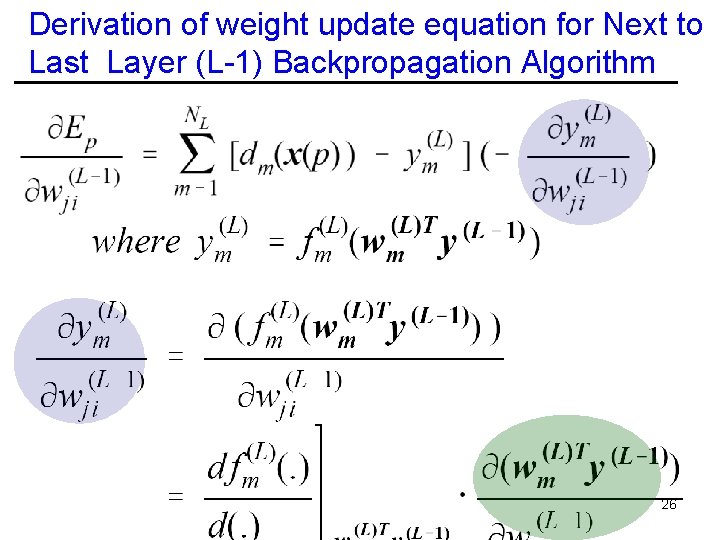 Derivation of weight update equation for Next to Last Layer (L-1) Backpropagation Algorithm 26