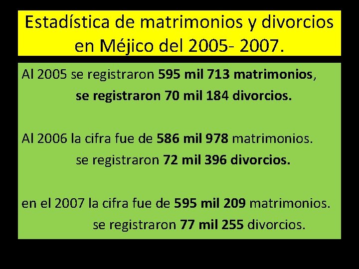 Estadística de matrimonios y divorcios en Méjico del 2005 - 2007. Al 2005 se