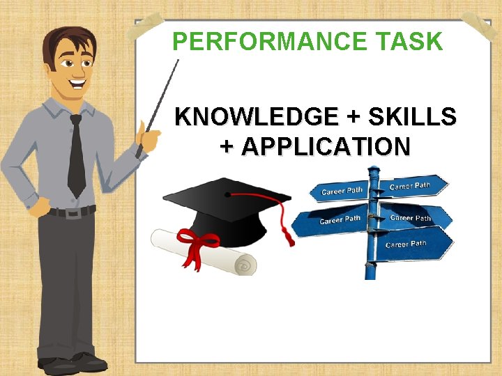 PERFORMANCE TASK KNOWLEDGE + SKILLS + APPLICATION 