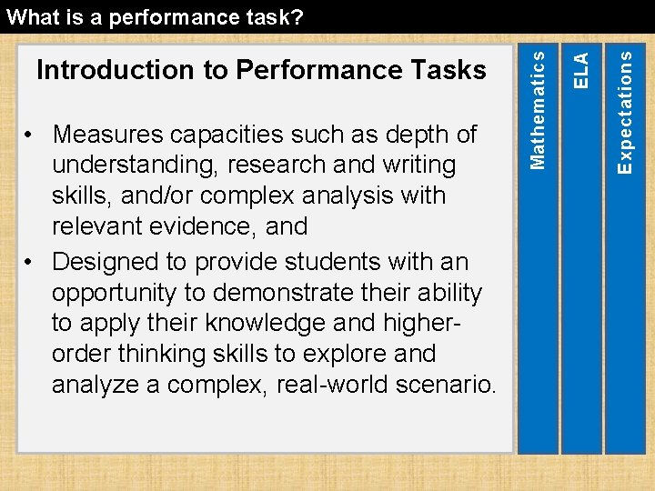 Expectations • Measures capacities such as depth of understanding, research and writing skills, and/or