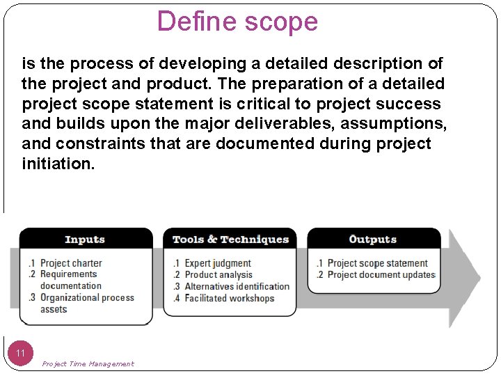 Define scope is the process of developing a detailed description of the project and