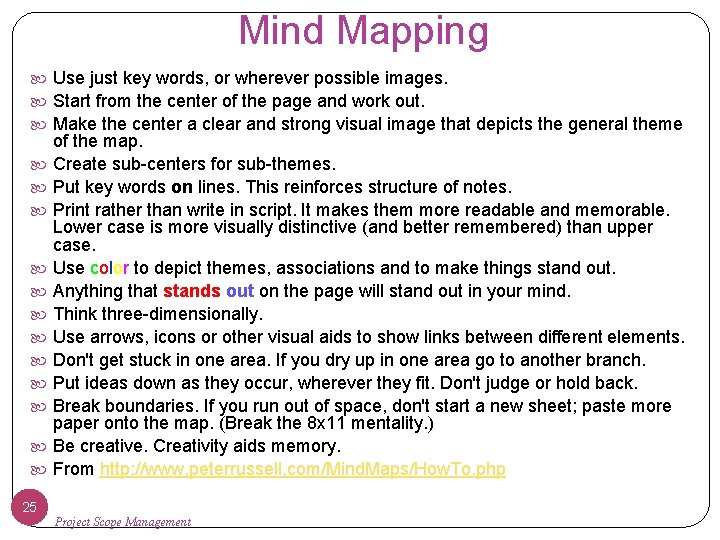 Mind Mapping Use just key words, or wherever possible images. Start from the center