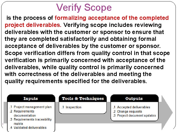 Verify Scope is the process of formalizing acceptance of the completed project deliverables. Verifying