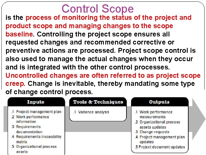 Control Scope is the process of monitoring the status of the project and product