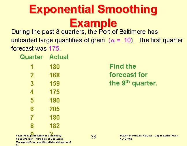 Exponential Smoothing Example During the past 8 quarters, the Port of Baltimore has unloaded