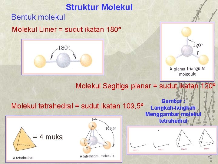 Struktur Molekul Bentuk molekul Molekul Linier = sudut ikatan 180 Molekul Segitiga planar =
