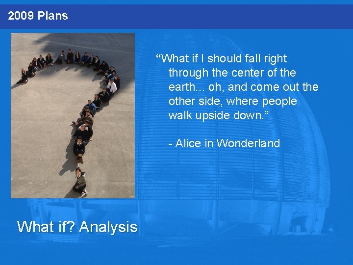 2009 Plans “What if I should fall right through the center of the earth.
