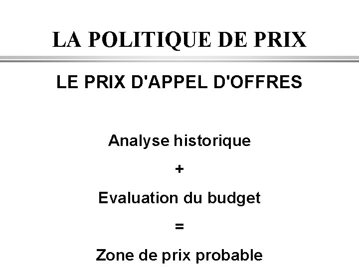 LA POLITIQUE DE PRIX LE PRIX D'APPEL D'OFFRES Analyse historique + Evaluation du budget